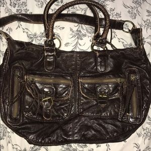 Brown Faux Leather Shoulder Bag w/ zip pockets